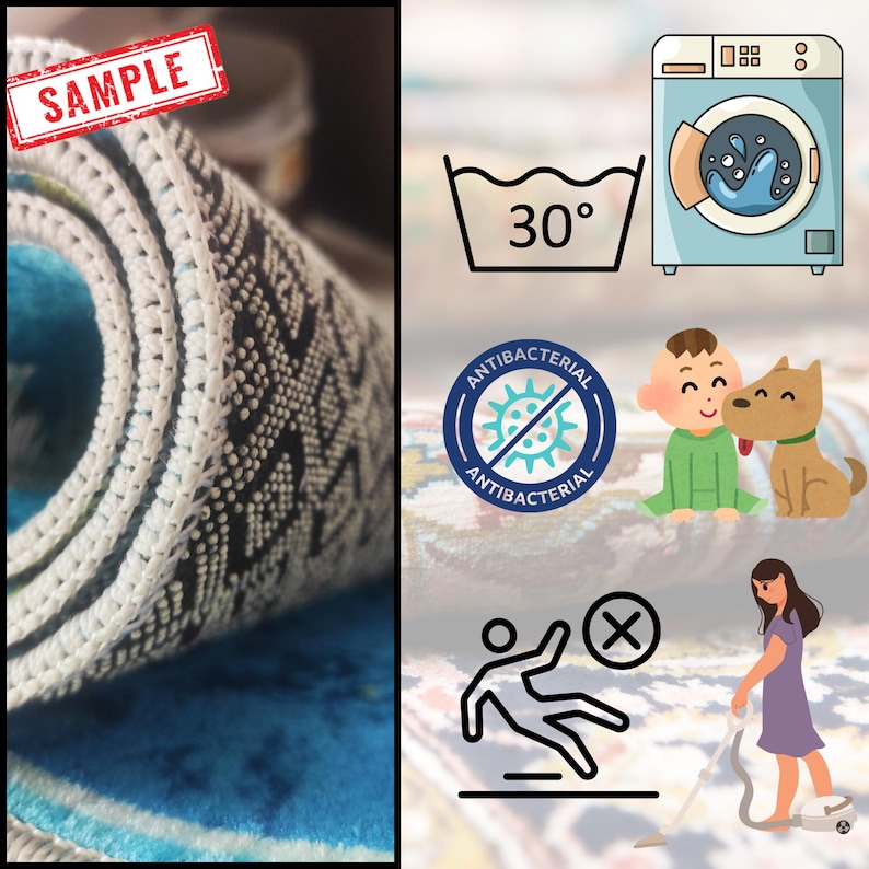 K&ouml;nnte beinhalten: Gerollter Teppich mit einem geometrischen Muster in Wei&szlig; und Schwarz, mit blauem Hintergrund. Das Bild enth&auml;lt Symbole f&uuml;r Waschen bei 30&deg;C, eine Waschmaschine, antibakterielle Eigenschaften und eine Rutschwarnung. Das Wort "SAMPLE" ist auf dem Teppich gestempelt.