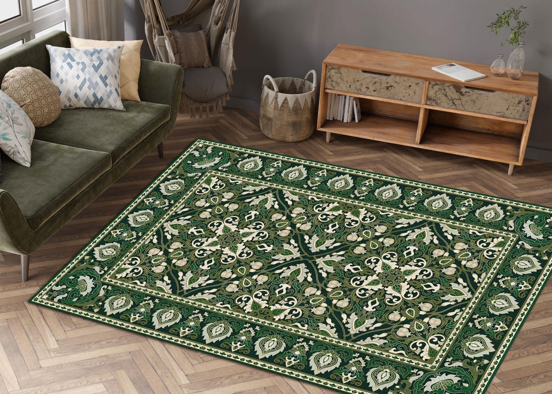 Green Floral Area Rug, Persian Style, Non-slip Carpet - Etsy