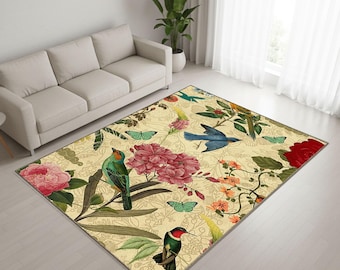 Vintage Botanical Bird Rug, Floral Cottagecore Area Rug, Butterfly Nature Carpet, Boho Classic Living Room Decor, animal rug, bird rug