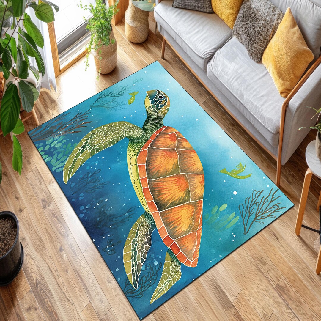 Sea Rug Animal Sea Turtle Area Rug, Ocean Theme Kids Room Carpet, Coastal Marine ...