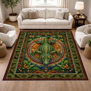 May include: A rectangular area rug featuring a central green alligator illustration enclosed within a circular frame. The design includes intricate botanical patterns, orange and gold accents, and a wide green border with dark leaf motifs.