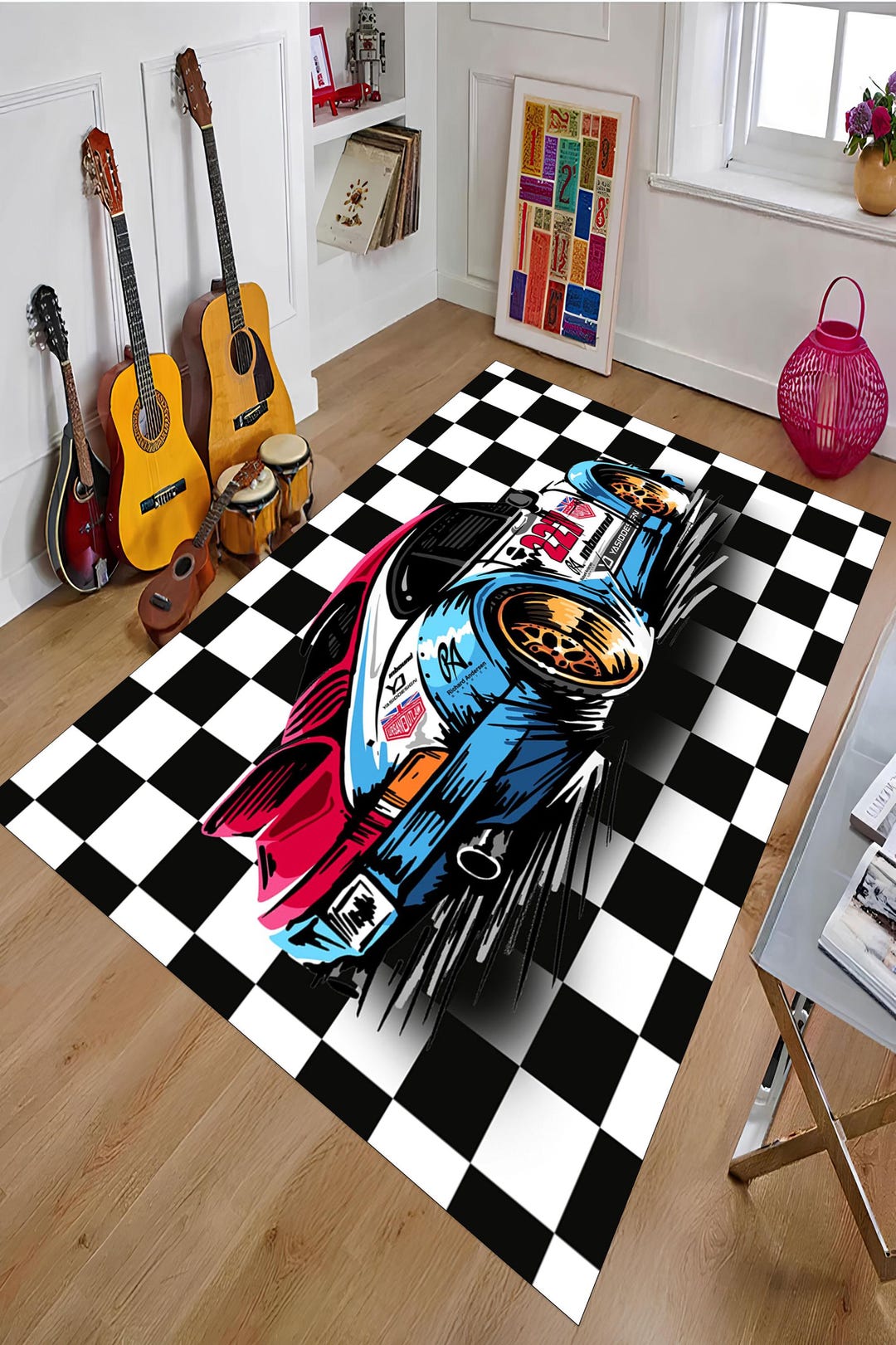 Car Racing Rug Kids Car Racing Area Rug: Checkered Flag Design, Non-slip Children's Room ...