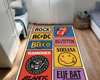 Rock Music Logos Rug: Washable Living Room Decor