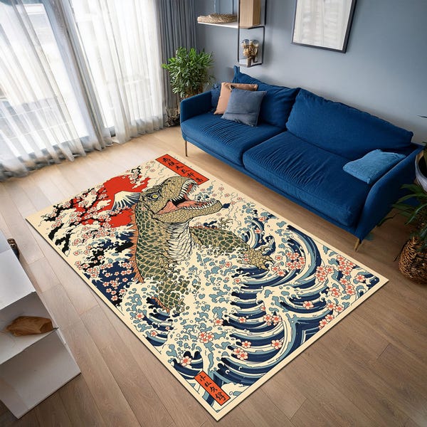 Alfombra japonesa T-Rex: Decoración infantil con dinosaurios Sakura y el monte Fuji