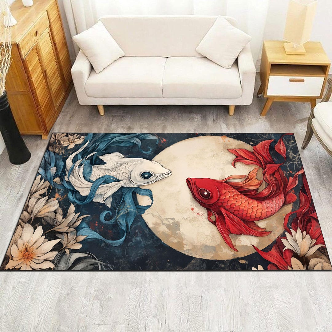 Red Koi Rug Koi Fish Yin Yang Area Rug, Japanese Art Decor, Washable Non Slip - Etsy