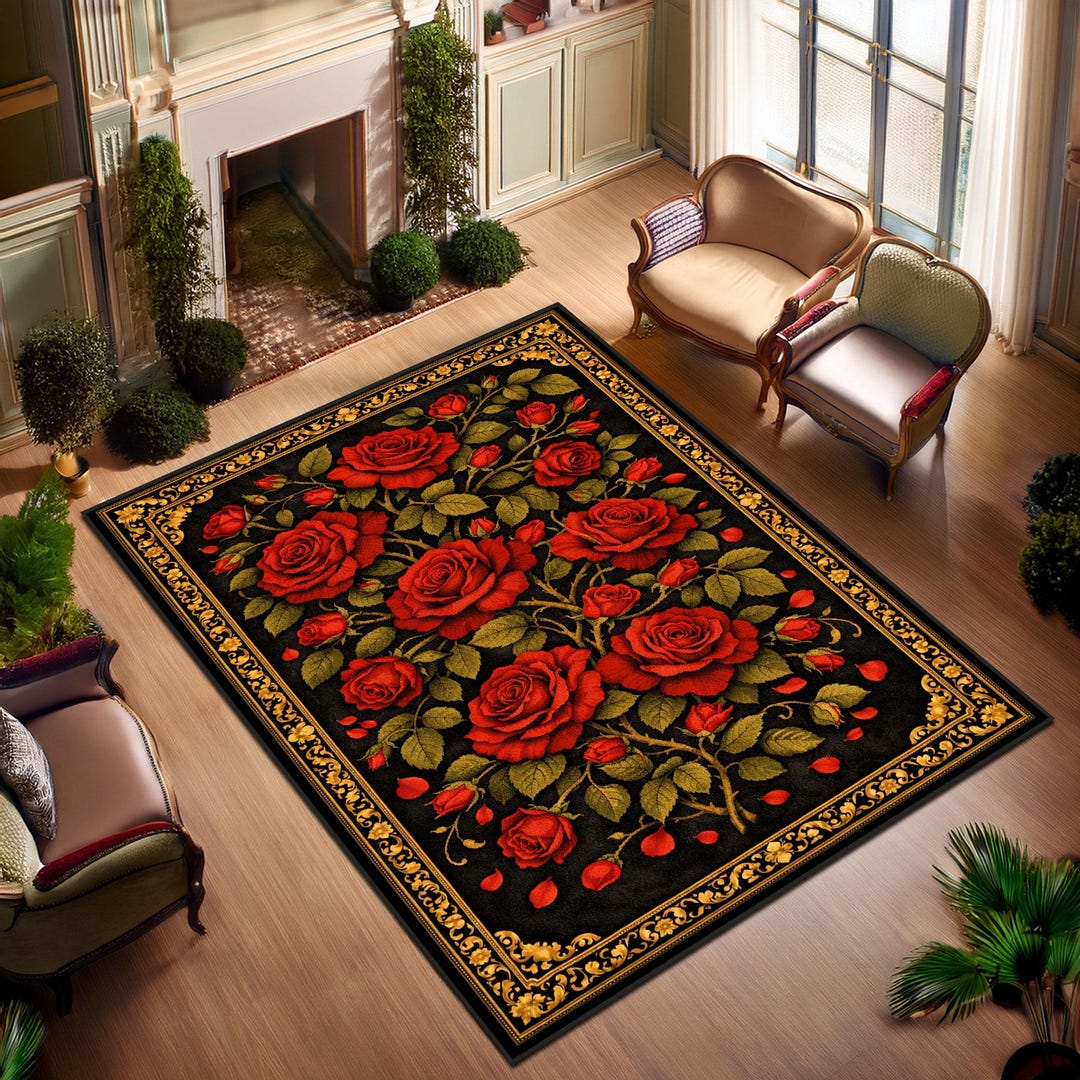 Gothic Red Rose Rug, Luxury Black Floral Digital Print Carpet - Etsy