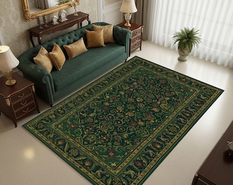 Green Vintage Rug – Floral Non-Slip Washable Carpet