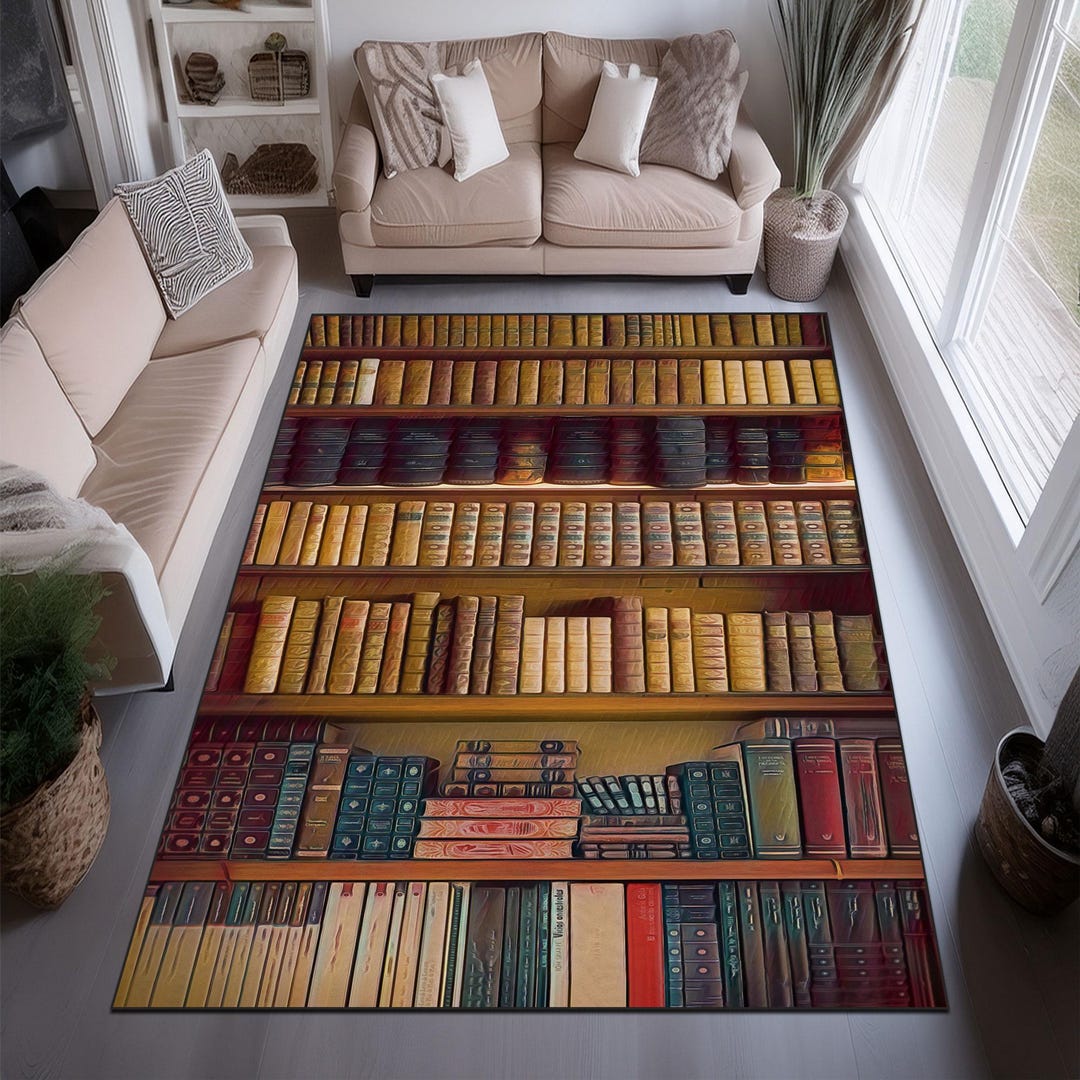 Literary Rug Vintage Bookshelf Rug, Library Reading Nook Carpet, Literary Home Decor ...