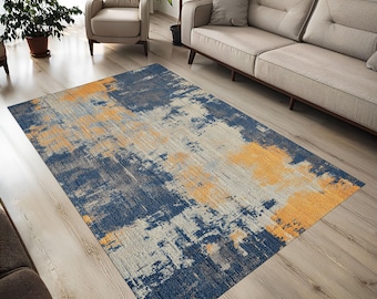 Mid Century Modern Area Rug, Abstract Blue Brown Beige, Washable Carpet