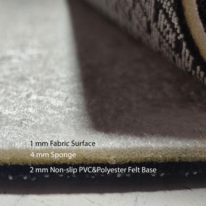 K&ouml;nnte beinhalten: Nahaufnahme eines mehrschichtigen Textils. Die oberste Schicht ist eine 1 mm Stoffoberfl&auml;che, gefolgt von einer 4 mm Schwammschicht und einer 2 mm rutschfesten PVC- und Polyesterfilzbasis. Die Stoffoberfl&auml;che ist wei&szlig; und die Basis ist schwarz.