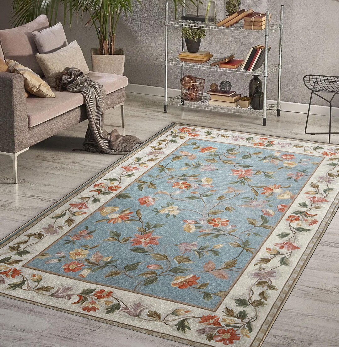 Vintage Blue Floral Area Rug, Cottagecore Botanical Carpet - Etsy