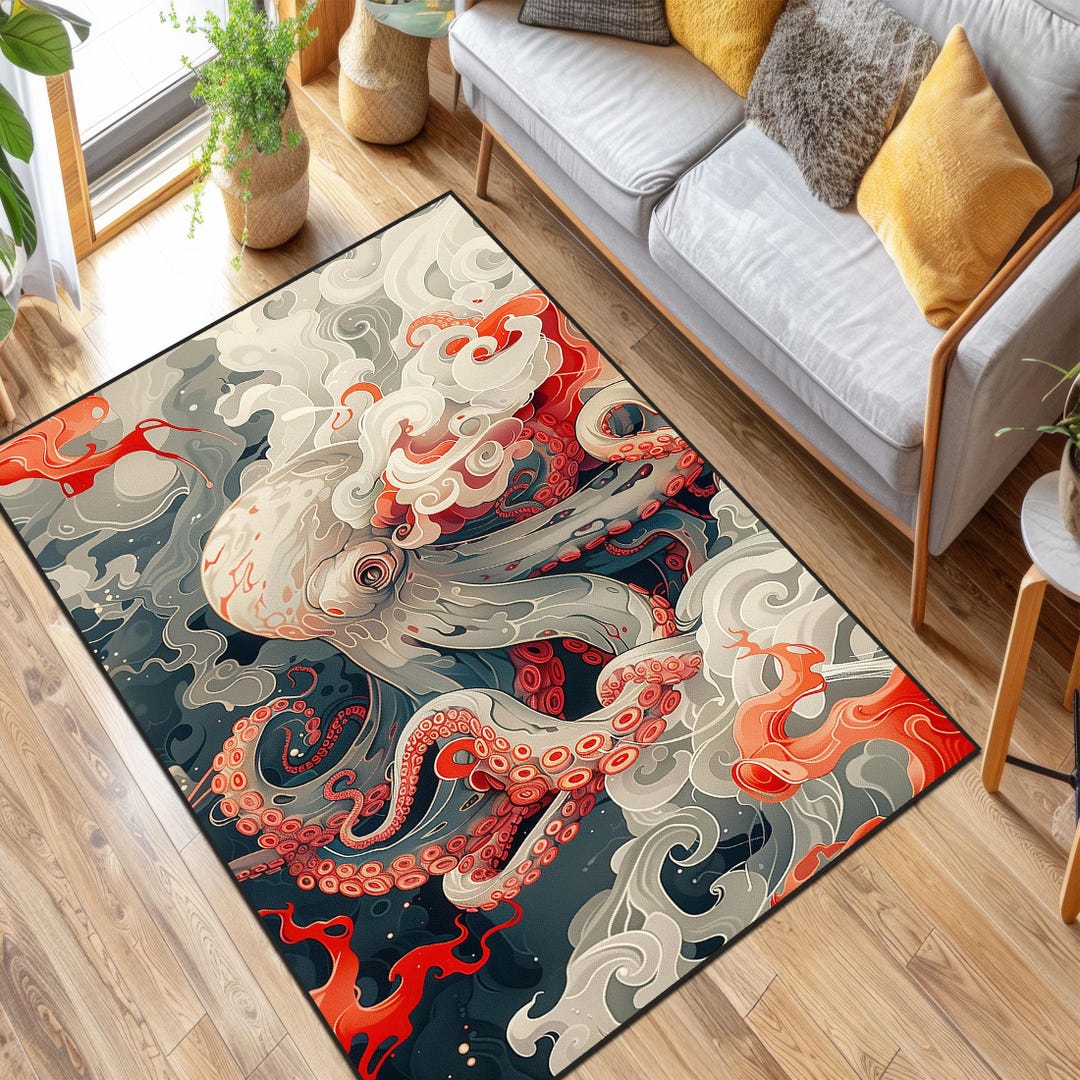 Sakura Rug Octopus Sakura Rug: Japanese Ocean Carpet, Living Room Decor - Etsy