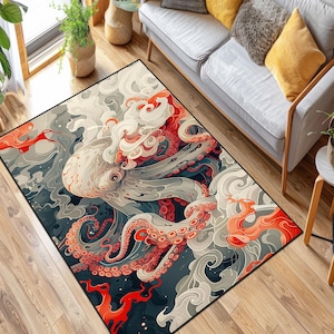 Poulpe avec Sakura, tapis artistique en toile, tapis Octopus pour le salon, tapis poulpe blanc, tapis de décoration intérieure, tapis Octopus Ocean, tapis japonais, cadeau