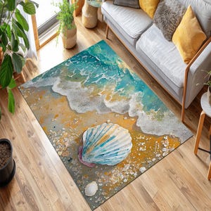 Tapis sur le thème de la plage : motif vagues de la mer, antidérapant, lavable en machine
