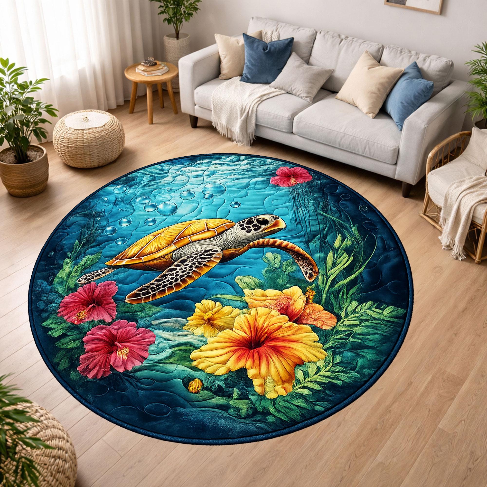 Circle Turtle Rug Round Sea Turtle Rug, Tropical Floral Underwater Decor, Beach House ...