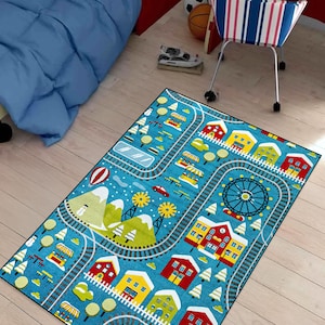 Kids Road Rug, Car Race Track Playmat, Nursery Playroom Decor