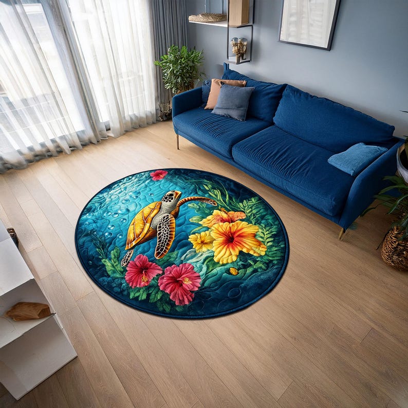 Circle Turtle Rug Round Sea Turtle Rug, Tropical Floral Underwater Decor, Beach House ...