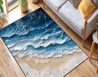 Coastal Waves Area Rug: Beach House Decor, Non-Slip Printed Rug