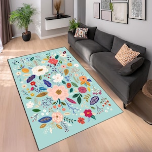 Turquoise Floral Rug: Non-Slip Boho Spring Decor