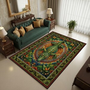 Alligator Crocodile Area Rug, Exotic Animal Rug, Jungle Theme Carpet, Vintage Ornamental Rug, Boho Living Room Decor