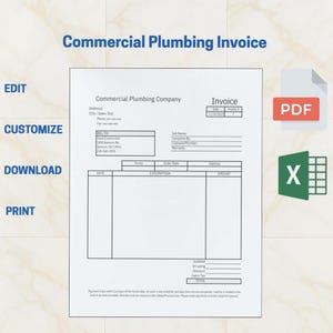 Modelo de fatura de encanamento comercial, fatura de encanador editável, PDF para impressão, Excel para empreiteiros, download digital