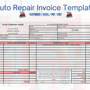 Auto Repair Invoice Template | Mechanic Receipt Form | Editable PDF & Excel | Car Service Order