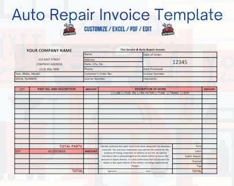 Auto Repair Invoice Template | Mechanic Receipt Form | Editable PDF & Excel | Car Service Order
