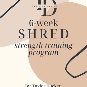 May include: A beige and cream-colored graphic with the text "TD TRAIN DIFFERENT" at the top. Below, the text reads "6-week SHRED strength training program." The author's name and credentials are listed at the bottom.