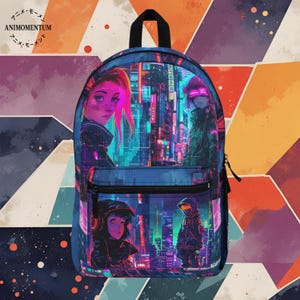 Futuristic Backpack, Vintage Neon Cyberpunk City Design, School Bag, Travel Backpack, Laptop Bag, College Backpack, Gift for Gen Z