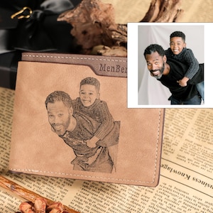 Personalized Photo Mens Wallet, Custom Engraved Bifold Slim Leather Wallet, Picture Wallet For Dad Husband, Father&#39;s Day Gift for Him
