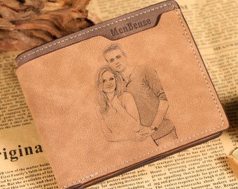 Personalized Leather Wallet For Men - Engraved With Photo & Text, Trifold, Gift For Dad, Husband, Boyfriend