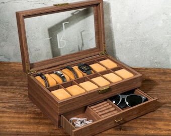 Personalized Watch Box for Men，with Drawer Watch Display Case, Men jewelry box, Custom Engraved Watch Box for Men，Watch Case