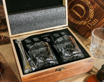 Juego de vasos de whisky personalizados con caja de madera, regalo para padrinos de boda, regalo para papá, idea de regalo para padrinos de boda, caja de regalo de lujo para padrinos de boda.