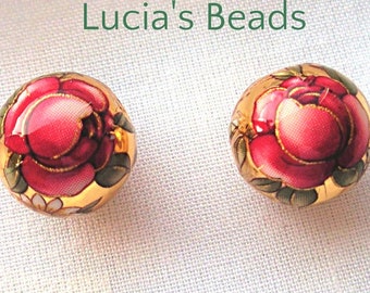 Pair of Beautiful Japanese Tensha Beads Ruby Rose on Gold 12 MM