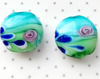 Lampwork Flower Beads: Green Turquoise Navy Pink (20mm Pair)