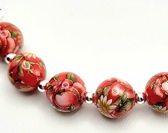 Pink Rose on Red with Single Daisy Japanese Tensha Beads 10 MM (5)