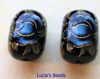 NEW Gorgeous Pair Blue Rose on Black 17 x 12 MM Focal Point Japanese Tensha Beads with Swarovski Crytal Bonus