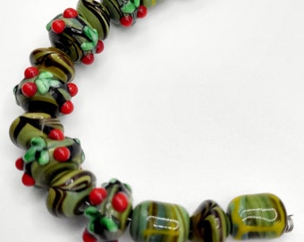 Beautiful New Shades of Green with Red Design Lamp Work Glass Beads 10 - 12 MM  (15) Beads