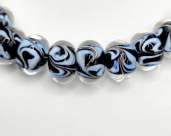 NEW  Black with Shades of Blue Swirl Design Lamp Work Glass Beads 10 MM (15)