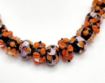 Beautiful New Orange, Black and Pink Design Lamp Work Glass Beads 10 - 12 MM  (15) Beads