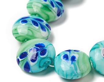 Green Lampwork Flower Beads: Turquoise & Navy Swirls (20mm, Set of 4)