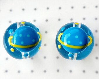 Dodger Blue Lampwork Planet Beads: Round Jewelry Supplies (4)