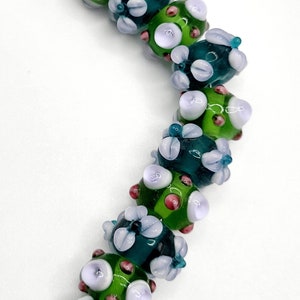 Green & Teal Lampwork Glass Beads: Floral Rose Design, 12mm (15 Beads)
