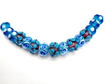 New Gorgeous Blue with Pink Floral Design with White Polka Dots Lamp Work Glass Beads 10 MM - 12 MM  (15) Beads