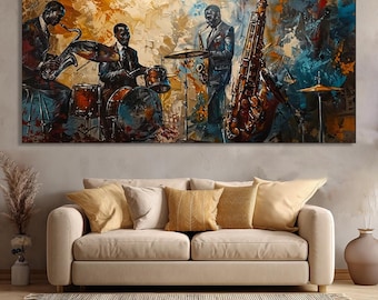May include: An abstract painting depicts a jazz band in a textured style. Three musicians in suits play saxophones and drums against a backdrop of blue, orange, and brown brushstrokes. A sofa and rug are in the foreground.