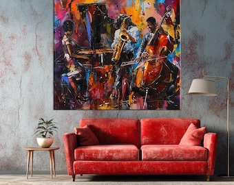 Blues Jazz Colorful Band Canvas Painting Wall Art Home Decor, Abstract Music Painting with Piano and Saxophone, Modern Musician Canvas Art