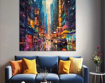 May include: A large, colorful cityscape painting depicting a vibrant street scene at night. The artwork features tall buildings with illuminated windows, reflecting in the wet pavement. The color palette includes blues, oranges, and yellows.