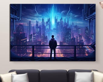 Cityscape Cyberpunk  Canvas Painting Wall Art , Futuristic Neon Skyline Digital Print, Aesthetic Poster for Home Office Wall Decor