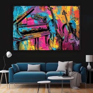 Colorful Jazz Music Canvas Printing Wall Art, Abstract Piano Wall Art Home Decor, Violin, and Trumpet Painting, Modern Musician Gift Decor