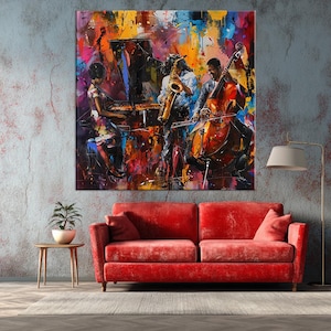 Blues Jazz Colorful Band Canvas Painting Wall Art Home Decor, Abstract Music Painting with Piano and Saxophone, Modern Musician Canvas Art